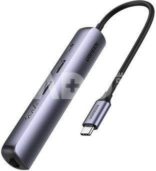 5-in-1 Adapter UGREEN CM418 USB-C to 2x USB 3.0, HDMI, RJ45, USB-C (Grey)